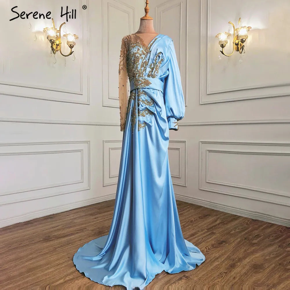 Serene Hill Muslim Mint Mermaid Elegant Beaded Satin Overskirt Evening Dresses Gowns Plus Size 2025 For Women Party LA71278 - SERENE HILL