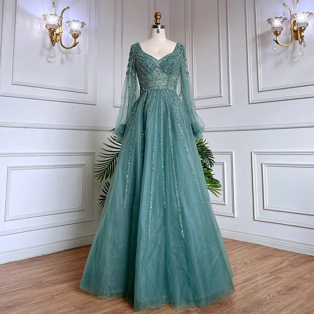 Serene Hill Muslim Navy Blue A-Line Beaded Luxury Arabic Evening Dresses Gowns 2025 For Women Wedding Party LA71867 - SERENE HILL