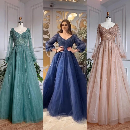 Serene Hill Muslim Navy Blue A-Line Beaded Luxury Arabic Evening Dresses Gowns 2025 For Women Wedding Party LA71867 - SERENE HILL