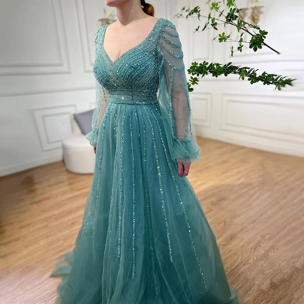 Serene Hill Muslim Navy Blue A-Line Beaded Luxury Arabic Evening Dresses Gowns 2025 For Women Wedding Party LA71867