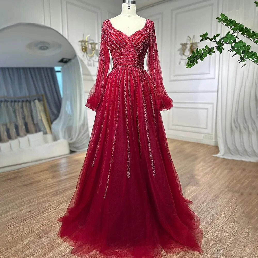 Serene Hill Muslim Navy Blue A-Line Beaded Luxury Arabic Evening Dresses Gowns 2025 For Women Wedding Party LA71867