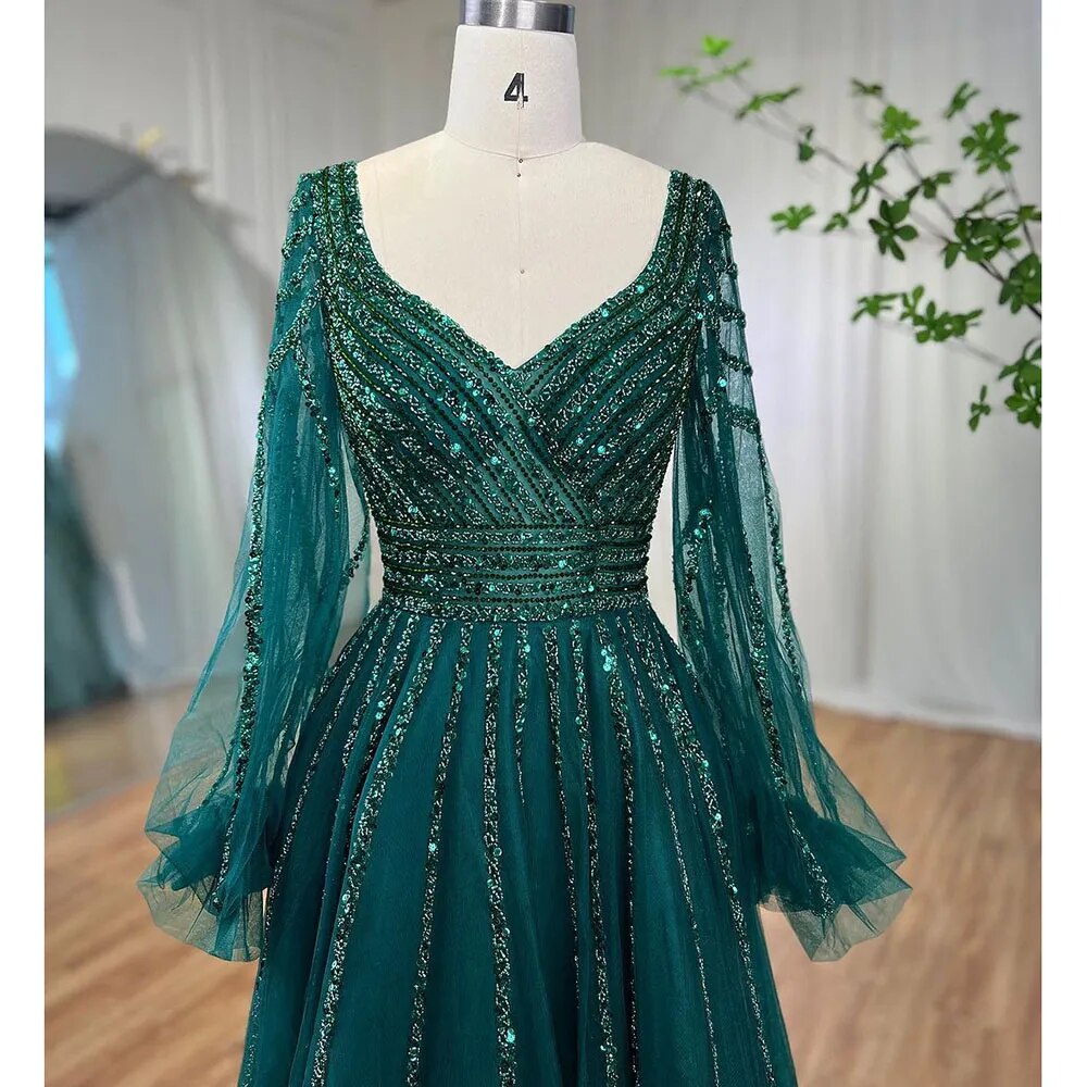 Serene Hill Muslim Navy Blue A-Line Beaded Luxury Arabic Evening Dresses Gowns 2025 For Women Wedding Party LA71867 - SERENE HILL