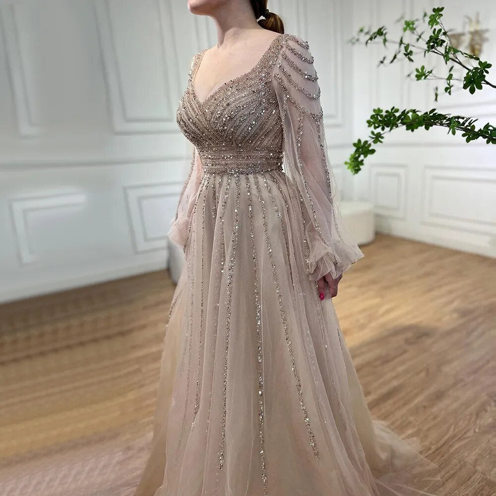 arabic evening dresses Cream Long Sleeves Arabic Evening Dresses SS696 main image 1