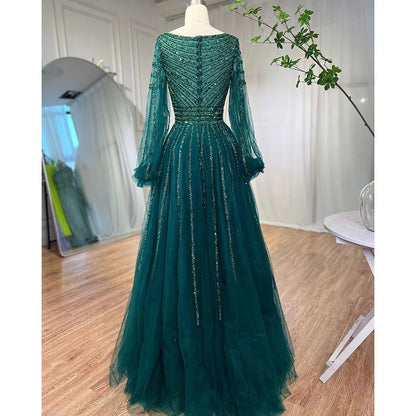 Serene Hill Muslim Navy Blue A-Line Beaded Luxury Arabic Evening Dresses Gowns 2025 For Women Wedding Party LA71867 - SERENE HILL