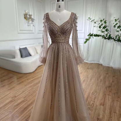 Serene Hill Muslim Navy Blue A-Line Beaded Luxury Arabic Evening Dresses Gowns 2025 For Women Wedding Party LA71867 - SERENE HILL