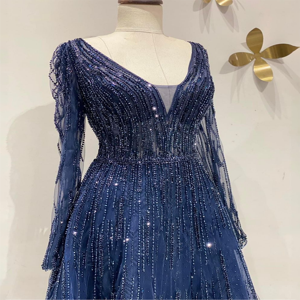 Muslim Navy Long Sleeves A-line Beaded Evening Dresses Forml Occasion Party Gowns For Women LA72019 - SERENE HILL