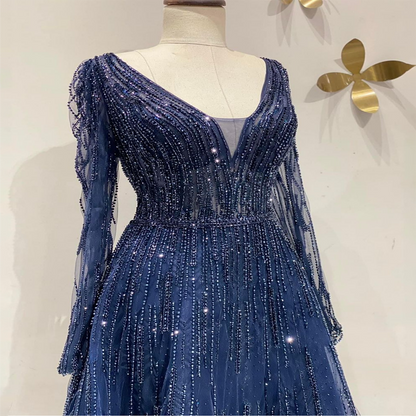 Muslim Navy Long Sleeves A-line Beaded Evening Dresses Forml Occasion Party Gowns For Women LA72019 - SERENE HILL