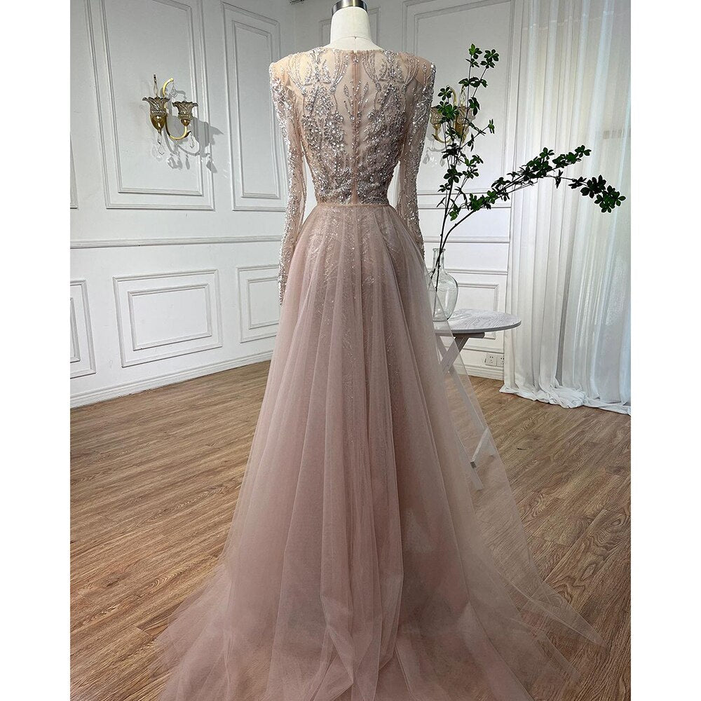Serene Hill Muslim Nude Elegant Merma V-Neck Beaded Luxury Evening Dresses Gowns 2025 For Women Wedding Party LA72141 - SERENE HILL