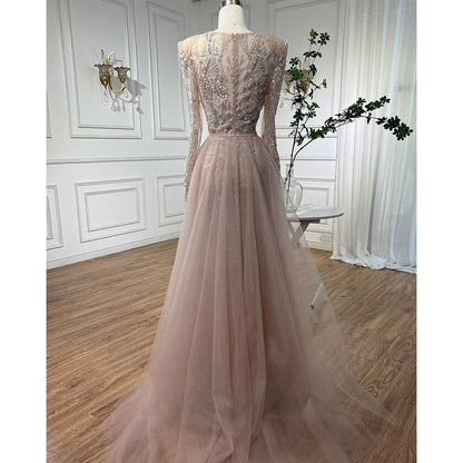 Serene Hill Muslim Nude Elegant Merma V-Neck Beaded Luxury Evening Dresses Gowns 2025 For Women Wedding Party LA72141 - SERENE HILL