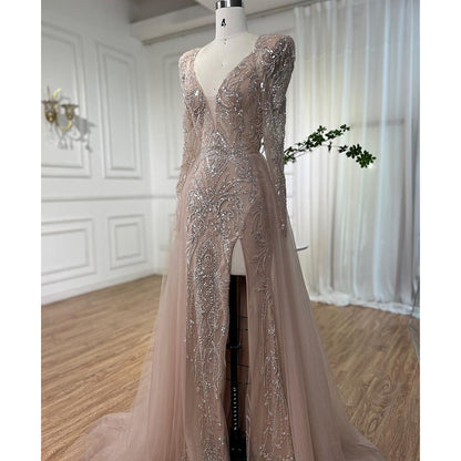 Serene Hill Muslim Nude Elegant Merma V-Neck Beaded Luxury Evening Dresses Gowns 2025 For Women Wedding Party LA72141 - SERENE HILL