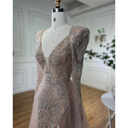 Serene Hill Muslim Nude Elegant Merma V-Neck Beaded Luxury Evening Dresses Gowns 2025 For Women Wedding Party LA72141 - SERENE HILL
