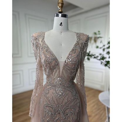 Serene Hill Muslim Nude Elegant Merma V-Neck Beaded Luxury Evening Dresses Gowns 2025 For Women Wedding Party LA72141 - SERENE HILL