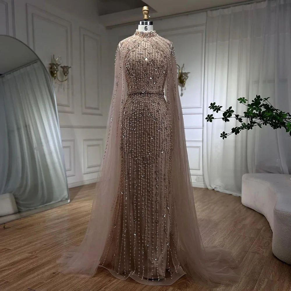 Luxury Modest Nude Pearls Beaded Evening Dress With Long Sleeves Cape LA72372 - SERENE HILL