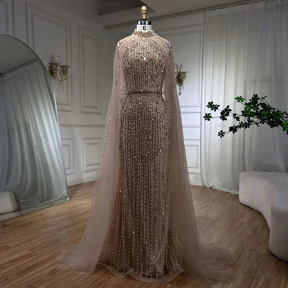 Luxury Modest Nude Pearls Beaded Evening Dress With Long Sleeves Cape LA72372 - SERENE HILL