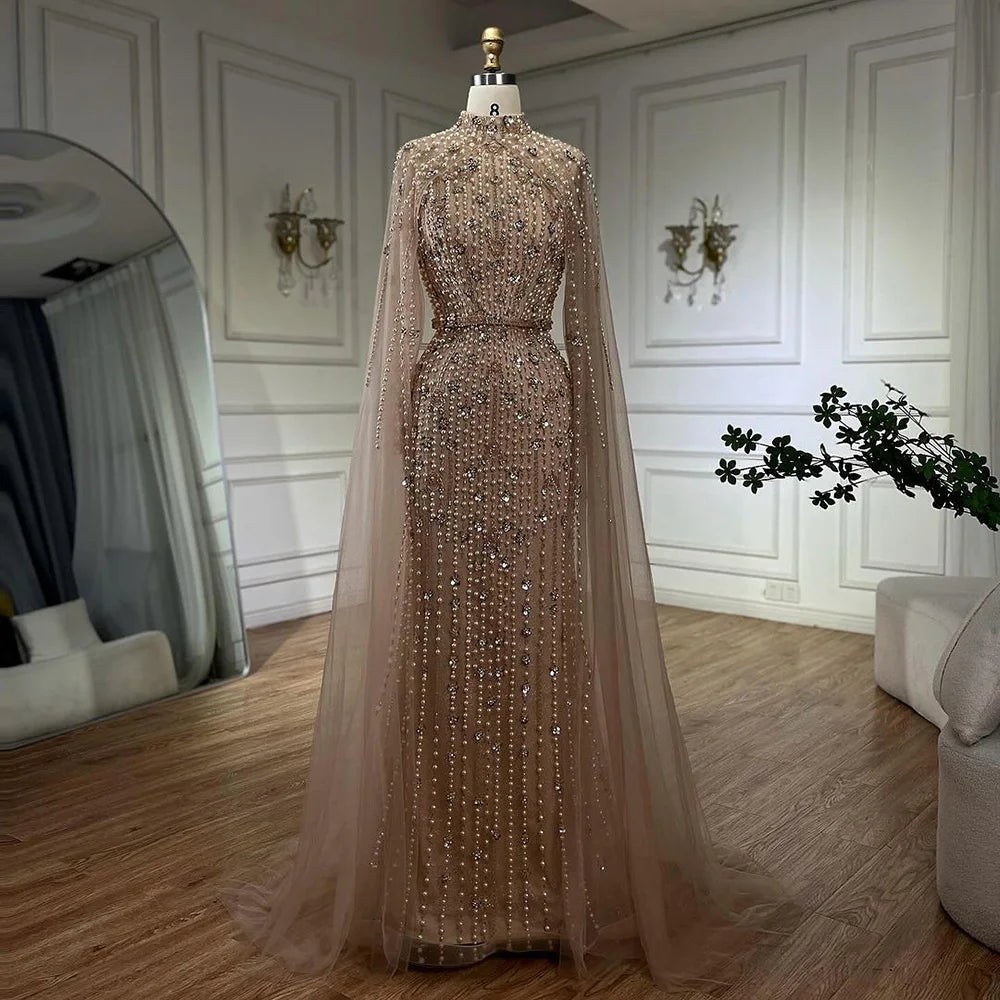 Luxury Modest Nude Pearls Beaded Evening Dress With Long Sleeves Cape LA72372 - SERENE HILL