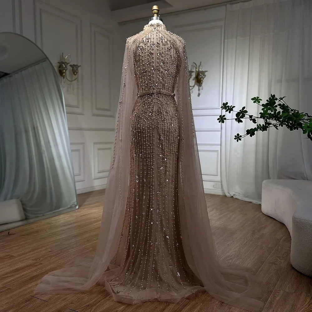 Luxury Modest Nude Pearls Beaded Evening Dress With Long Sleeves Cape LA72372 - SERENE HILL