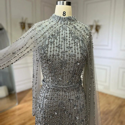 Luxury Modest Nude Pearls Beaded Evening Dress With Long Sleeves Cape LA72372 - SERENE HILL