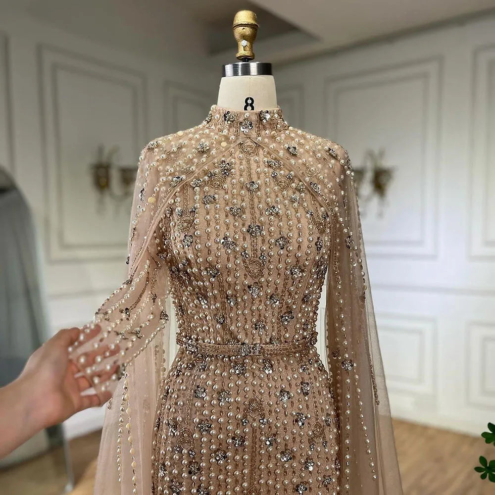beaded party dress modest cape sleeeve Navy Cape Sleeve Beaded Evening Gown