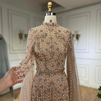 Luxury Modest Nude Pearls Beaded Evening Dress With Long Sleeves Cape LA72372 - SERENE HILL