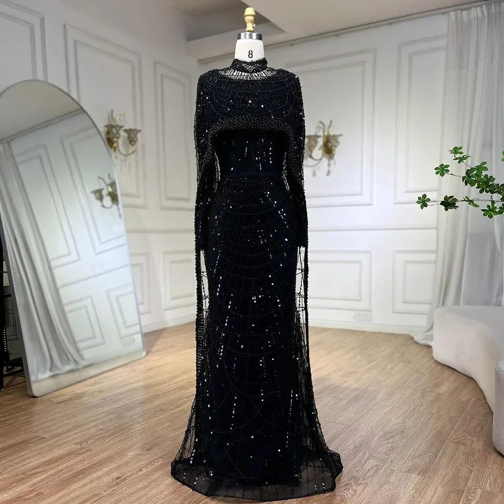Luxury Nude Mermaid Evening Dress with Cape Dubai Arabic Style LA72032M - SERENE HILL