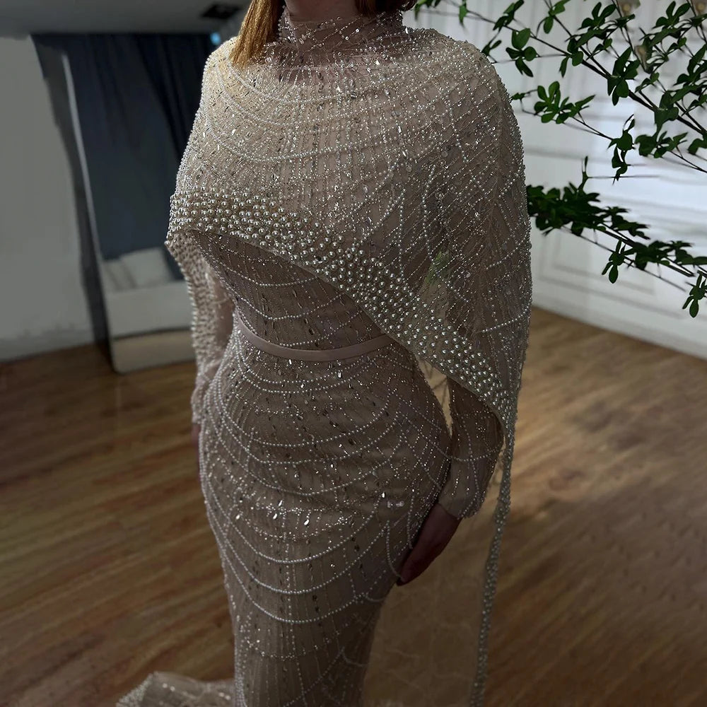 Luxury Nude Mermaid Evening Dress with Cape Dubai Arabic Style LA72032M - SERENE HILL