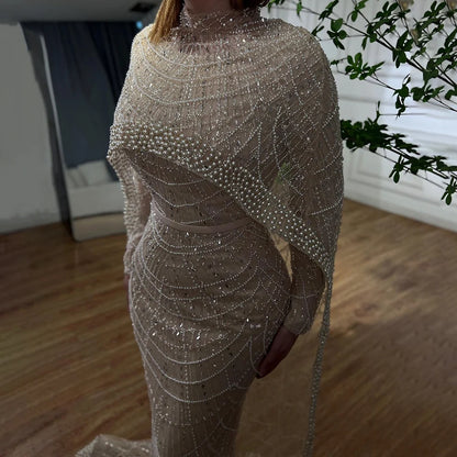 Luxury Nude Mermaid Evening Dress with Cape Dubai Arabic Style LA72032M - SERENE HILL