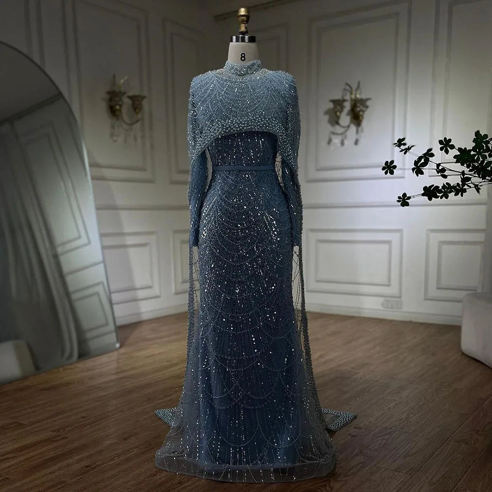 Luxury Nude Mermaid Evening Dress with Cape Dubai Arabic Style LA72032M - SERENE HILL