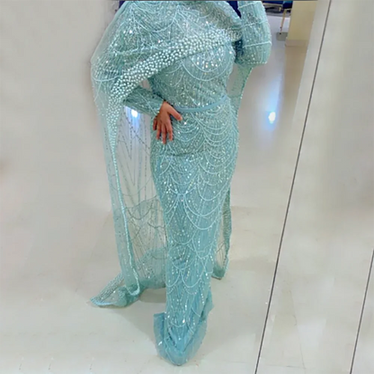Luxury Nude Mermaid Evening Dress with Cape Dubai Arabic Style LA72032M - SERENE HILL