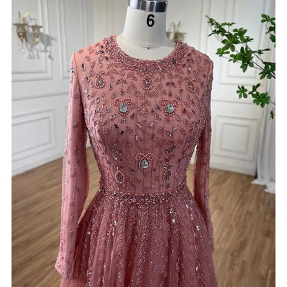Muslim Pink A-Line Beaded Modest Evening Dress Plus Size LA71803C - SERENE HILL