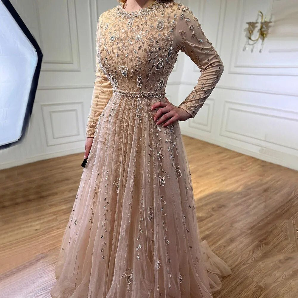 plus size a line evening dresses Muslim Pink A-Line Beaded Modest Evening Dress Plus Size LA71803C Pink / 14