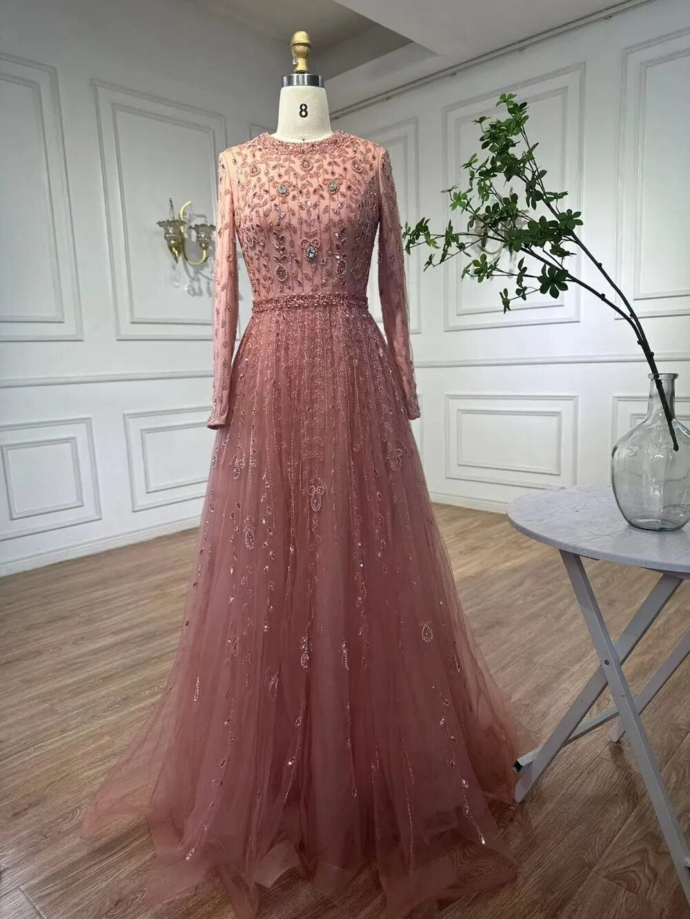Muslim Pink A-Line Beaded Modest Evening Dress Plus Size LA71803C - SERENE HILL
