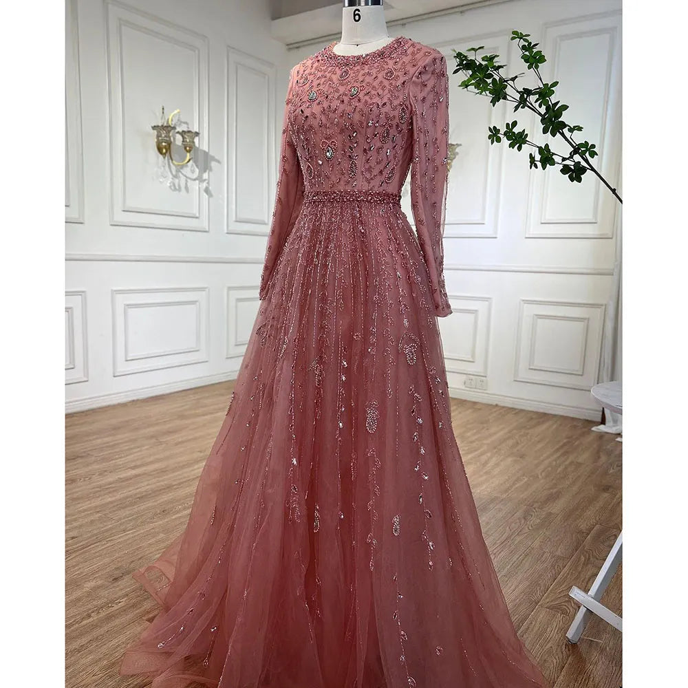 Muslim Pink A-Line Beaded Modest Evening Dress Plus Size LA71803C - SERENE HILL