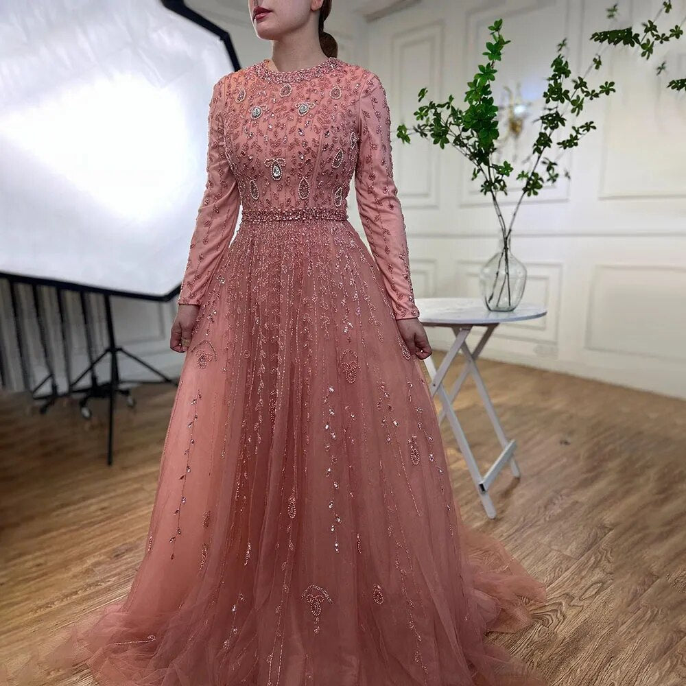 Muslim Pink A-Line Beaded Modest Evening Dress Plus Size LA71803C Pink / 14 Muslim Pink A-Line Beaded Modest Evening Dress Plus Size LA71803C Pink / 14