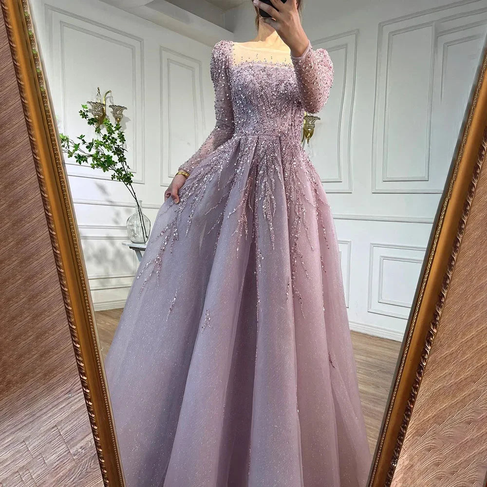 Luxury Dusty Pink Long Sleeves A-Line Evening Dress LA71915 - SERENE HILL