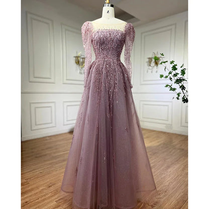 Luxury Dusty Pink Long Sleeves A-Line Evening Dress LA71915 - SERENE HILL