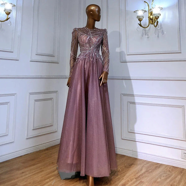 Serene Hill Muslim Pink  A-Line Beaded Luxury Evening Dresses Gowns 2025 For Women Wedding Party LA71290A
