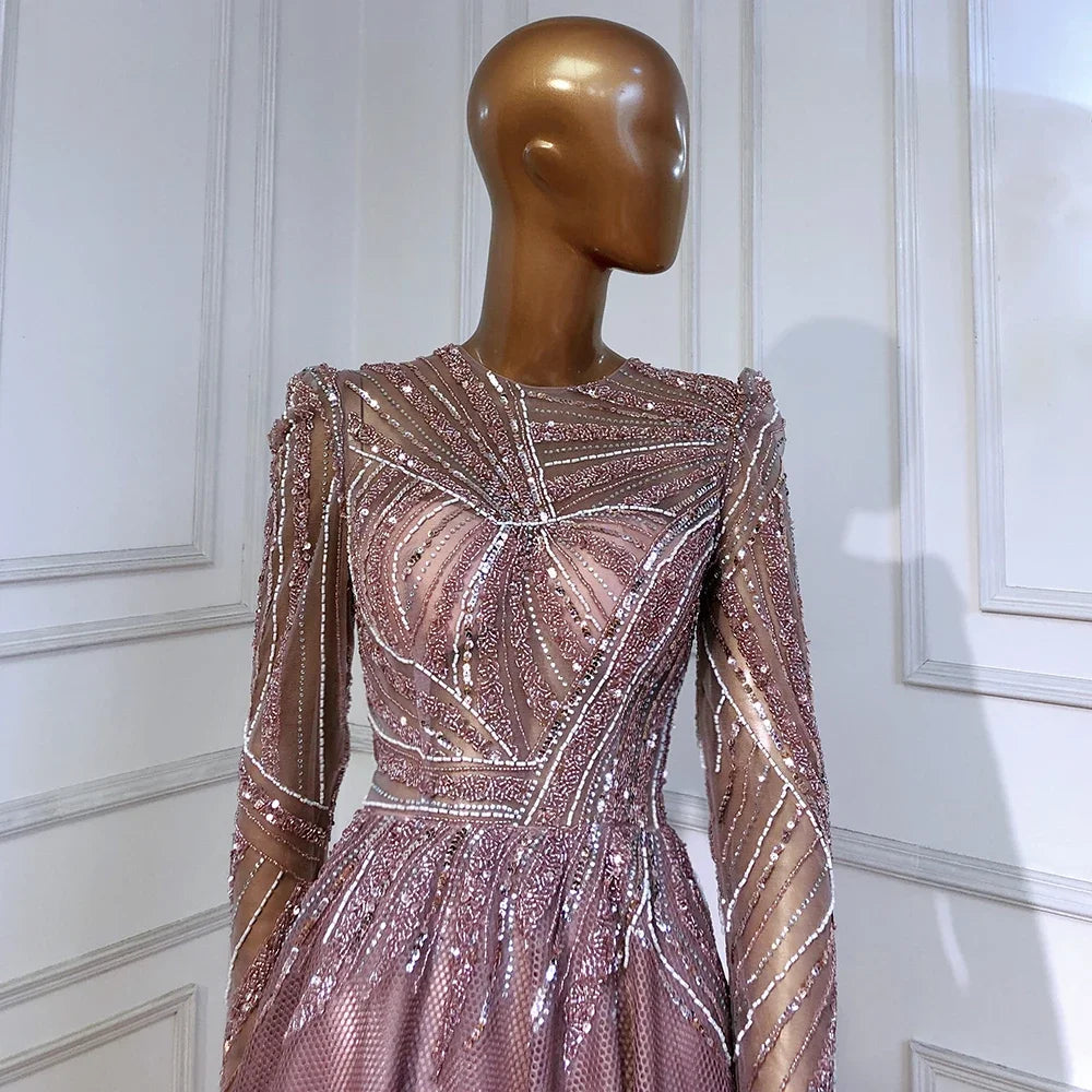 Serene Hill Muslim Pink A-Line Beaded Luxury Evening Dresses Gowns 2025 For Women Wedding Party LA71290A - SERENE HILL