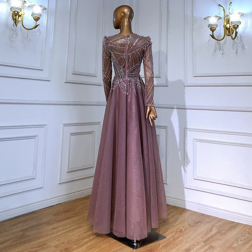 Serene Hill Muslim Pink A-Line Beaded Luxury Evening Dresses Gowns 2025 For Women Wedding Party LA71290A - SERENE HILL