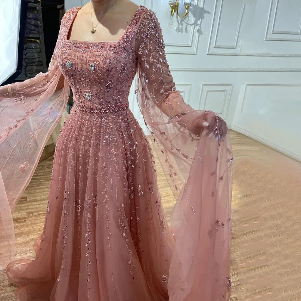 Luxury Designer Pink Dubai Evening Dress With Cape LA71803A