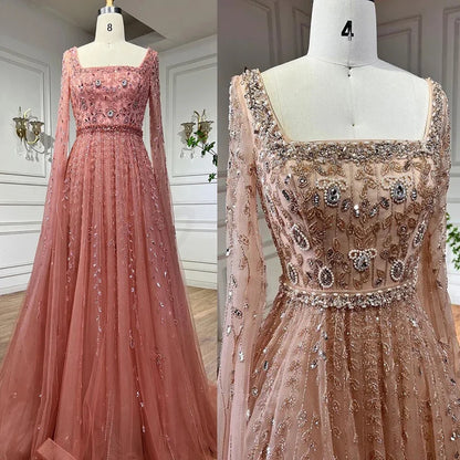Luxury Designer Pink Dubai Evening Dress With Cape LA71803A - SERENE HILL