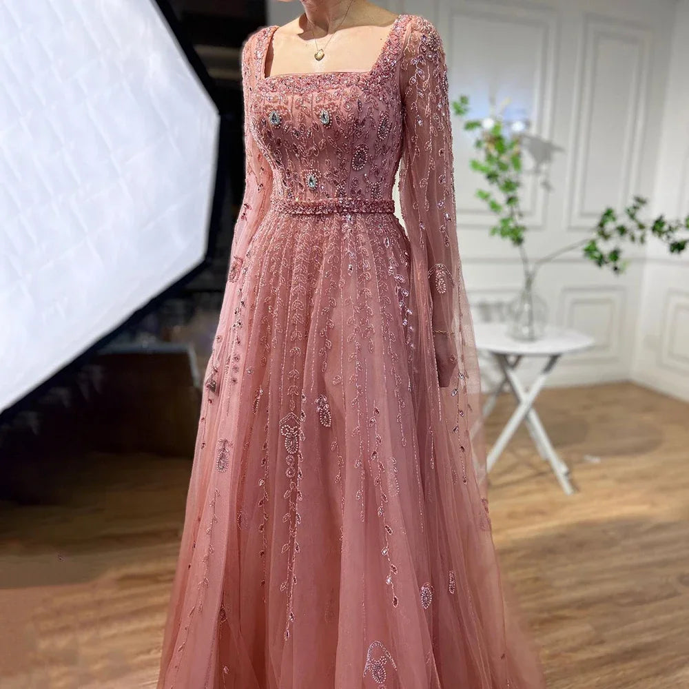 Luxury Designer Pink Dubai Evening Dress With Cape LA71803A - SERENE HILL