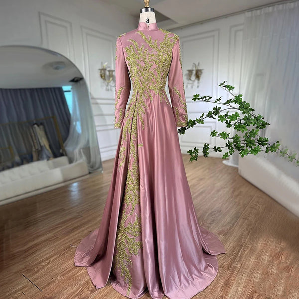 Serene Hill Muslim Pink Mermaid Embroidery Satin Elegant Evening Dresses Gowns 2025 For Women Wedding Party LA72218