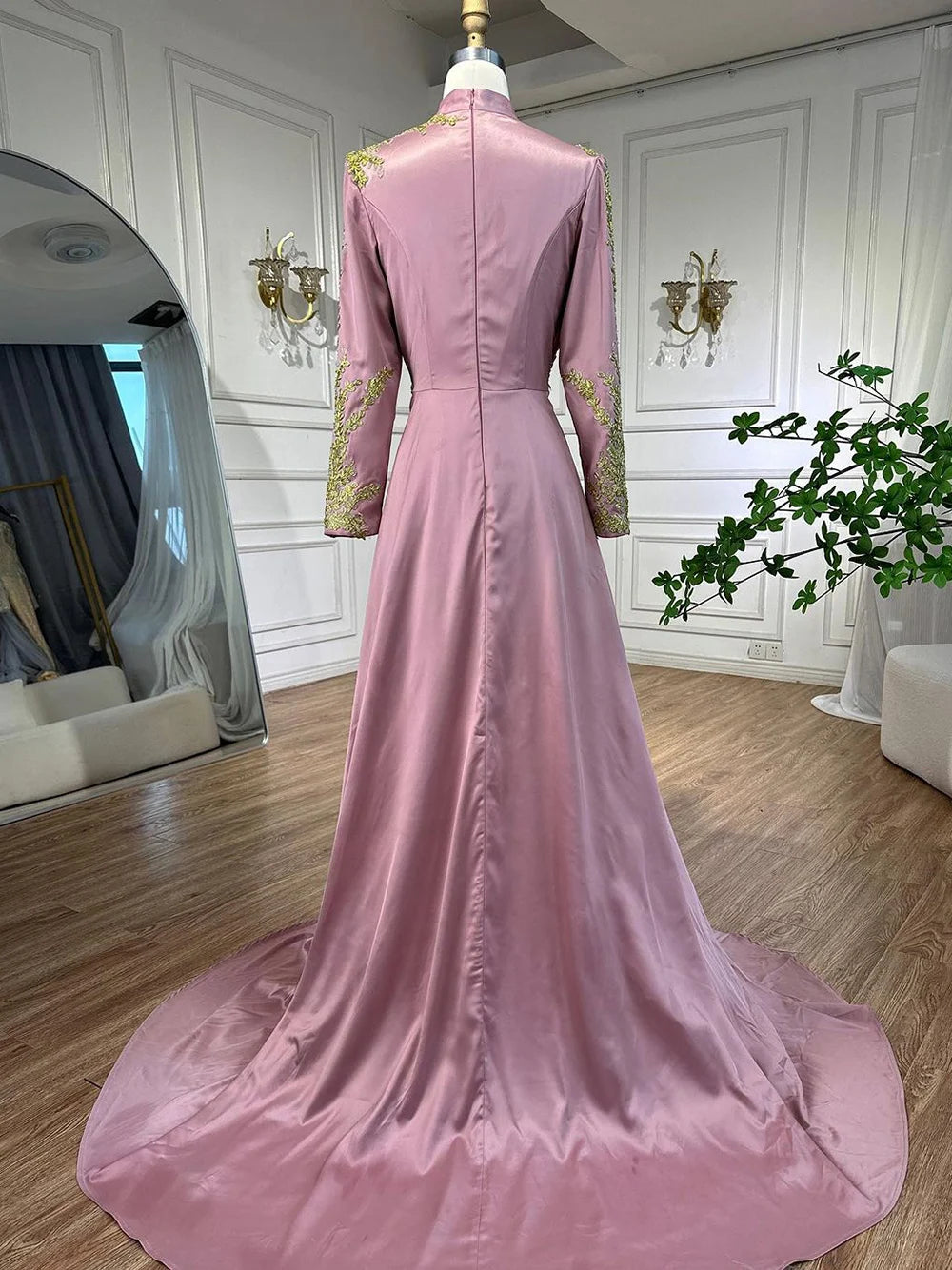 Serene Hill Muslim Pink Mermaid Embroidery Satin Elegant Evening Dresses Gowns 2025 For Women Wedding Party LA72218 - SERENE HILL