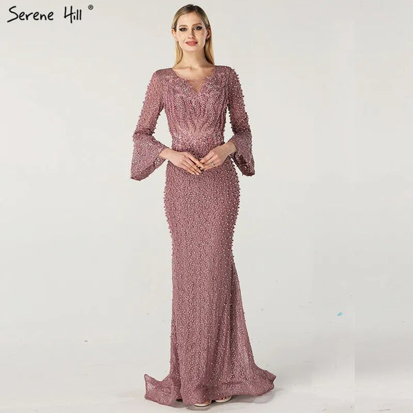 On Sale No Return No Refund Serene Hill Muslim Pink Mermaid Luxury Lace Beaded Pearls Long Sleeves Evening Dress Formal Party Gown 2025 Plus Size LA60813