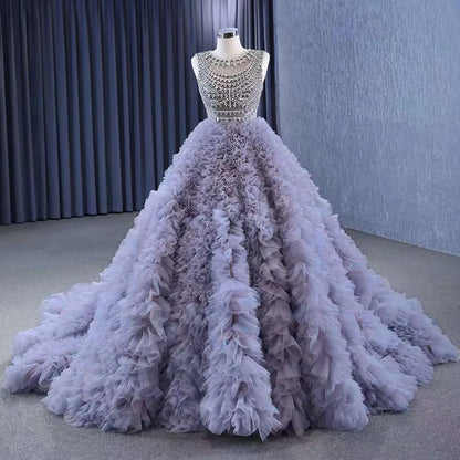 Serene Hill Muslim Purple Lace Up Beaded Luxury Ball Gown Elegant Bride Gowns Wedding Dress 2025 High End Custom Made HM222115 - SERENE HILL