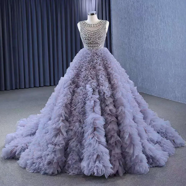 Serene Hill Muslim Purple Lace Up Beaded Luxury Ball Gown Elegant Bride Gowns Wedding Dress 2025 High End Custom Made HM222115