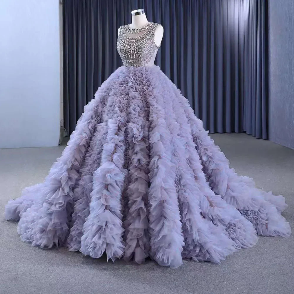 Serene Hill Muslim Purple Lace Up Beaded Luxury Ball Gown Elegant Bride Gowns Wedding Dress 2025 High End Custom Made HM222115 - SERENE HILL