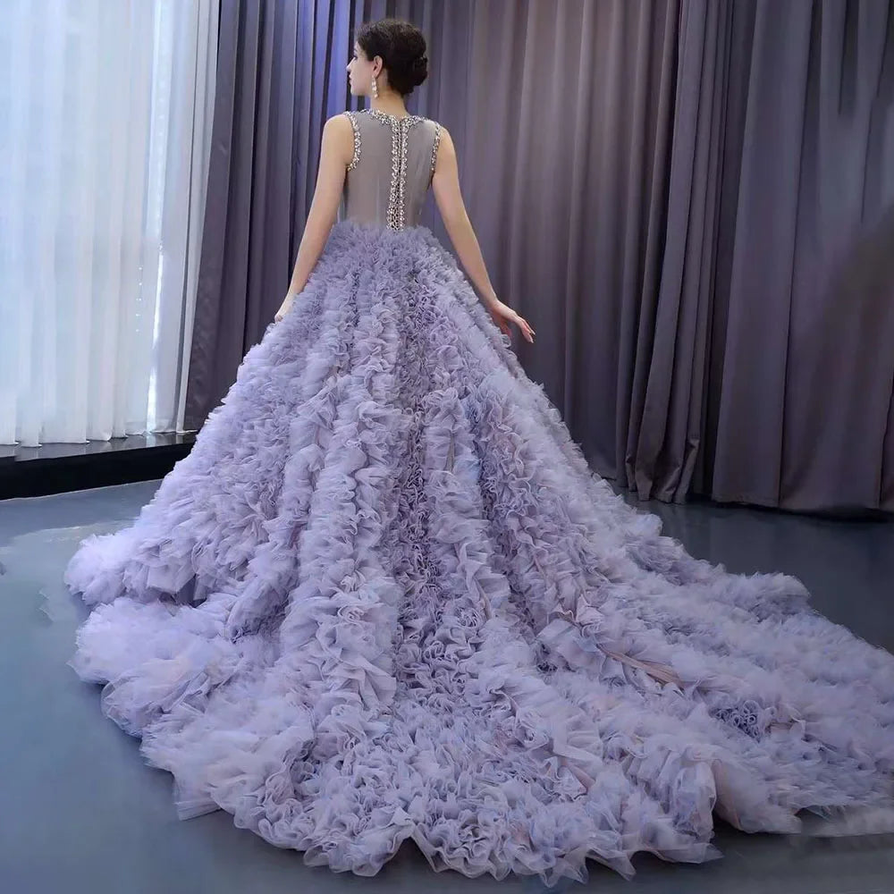 Serene Hill Muslim Purple Lace Up Beaded Luxury Ball Gown Elegant Bride Gowns Wedding Dress 2025 High End Custom Made HM222115 Muslim Purple / 2