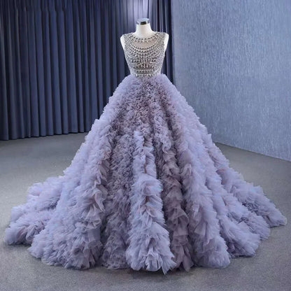 Serene Hill Muslim Purple Lace Up Beaded Luxury Ball Gown Elegant Bride Gowns Wedding Dress 2025 High End Custom Made HM222115 - SERENE HILL