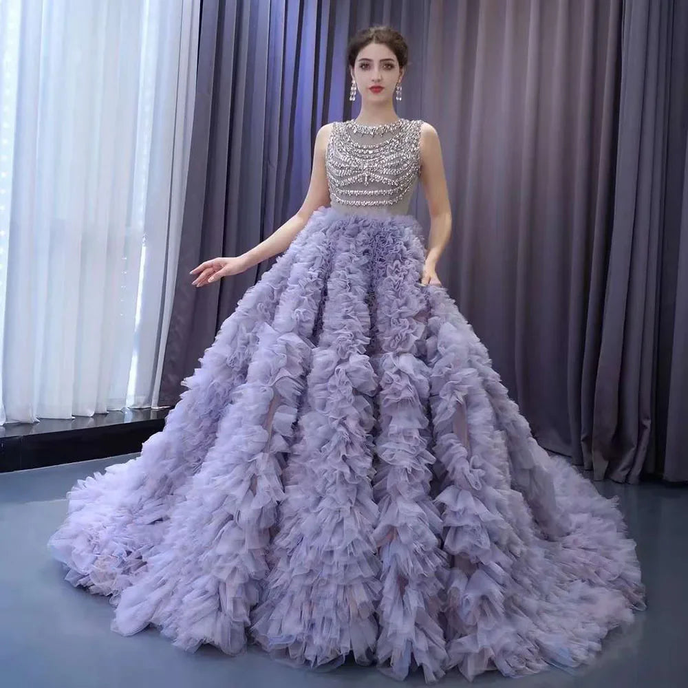 Serene Hill Muslim Purple Lace Up Beaded Luxury Ball Gown Elegant Bride Gowns Wedding Dress 2025 High End Custom Made HM222115 Muslim Purple / Custom